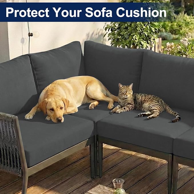 Smiry Waterproof Patio Cushion Covers, Stretch Outdoor Couch Slipcovers Replacement Washable Furniture Protector Sofa Chair Seat Cover for Dogs and Pets (4 Pcs, Dark Grey)