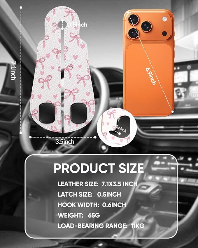 WOCOCN Purse Holder for Car, 2 Pack Heavy Duty Purse Hanger for Car, PU Leather Car Seat Hooks for Purses and Bags, Cute Pink Bow Headrest Organizer for Handbags & Backpacks