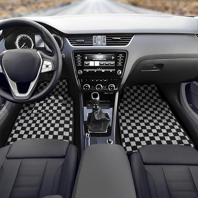 Plaid Car Floor Mats Set of 4,Checkered Plaid Pattern Vehicle Front Rear All Weather Carpets Mosaic Mats Rugs Non-Slip Auto Foot Mats Car Accessories Universal Fit for Car SUV Truck Van (Black White)