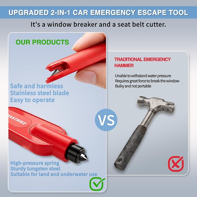 Tool,2026 New Underwater Operable Car Glass Breaker and Concealed Seat Belt Cutting Tool, Auto Crash Survival Safety Device, 2 Pack Car Emergency Accessory (Red)