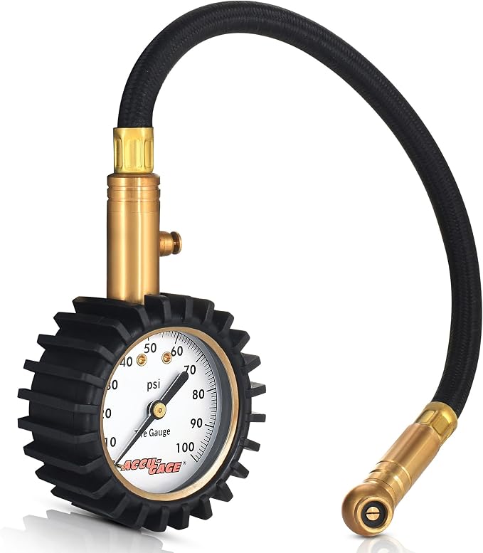 Accu-Gage RH100XA Tire Pressure Gauge with Hose and Protective Rubber Guard, Angled Swivel Chuck, 100 PSI
