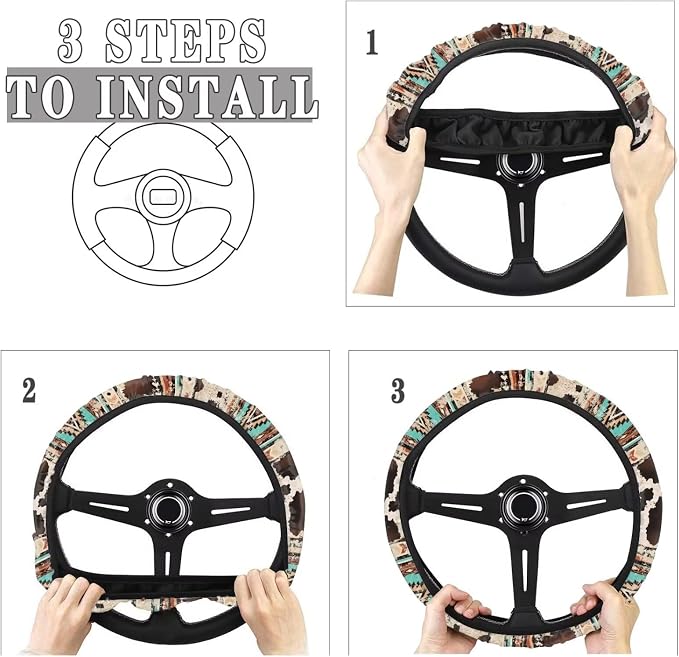 Wanyint Aztec Brown Cow Print Retro Auto Car Steering Wheel Cover for Women Men, Universal 15 Inch Soft Elastic Anti-Slip Easy to Install Car Accessories