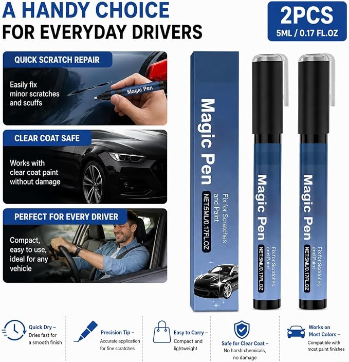 2026 Magic Car Scratch Remover Pen, Car Scratch Remover Pen, Clear Coat Touch Up Applicator for Light Surface Scratches, Small Paint Chips and Scuffs for Cars, Trucks, SUVs and Motorcycles (2Pcs)