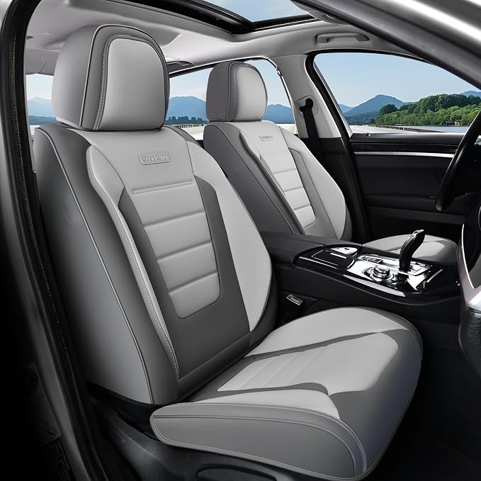 Coverado Car Seat Covers Full Set, Nappa Leather Seat Covers for Cars, Car Seat Protector Car Seat Cushion, Front and Back Seat Protectors Cushions Universal Fit for Most Cars (Gray&Light Gray)
