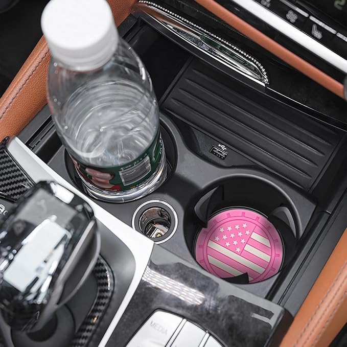 AUCELI 2 Pack Car Cup Holder Coasters, Colored American Flag US Flag Insert Car Cup Coaster, 2.75 Inch Anti Slip Shockproof Embedded Drink Mat, Vehicle Interior Decor Accessories