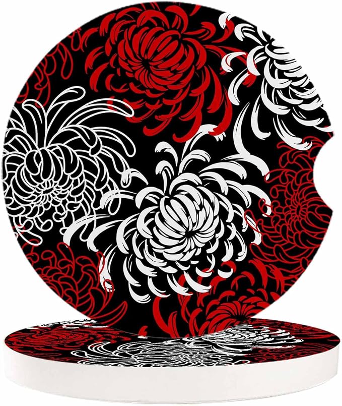 Small Car Coasters for Cup Holders 2.65" Absorbent 6 Pack Car Coaster Ceramic Stone for Drinks Absorb Water Drops Abstract Floral Red Black and White Dahlia