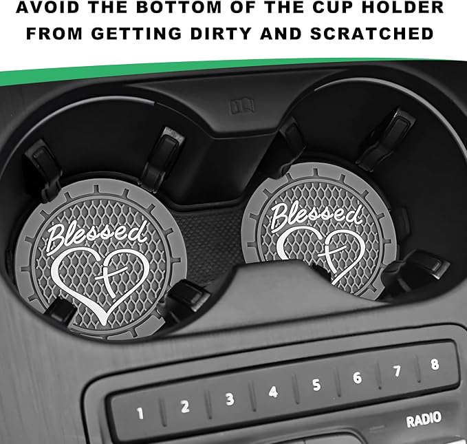 2 PCS Car Cup Holder Coaster, 2.76 Inch Non-Slip Auto Drink Mats with Blessed Cross and Heart, Shockproof Christian Cup Insert Coaster for Most Vehicles, Car Accessories (Gray)