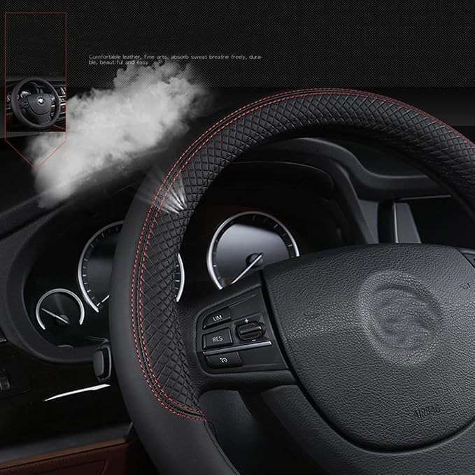 SHIAWASENA Car Steering Wheel Cover, Leather, Universal 15 Inch Fit, Anti-Slip & Odor-Free (Black&Red)