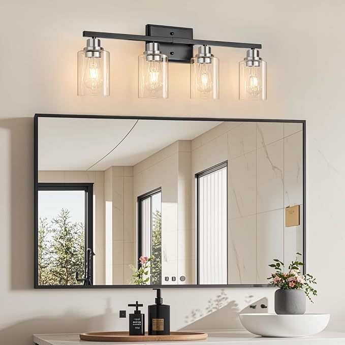 Unicozin Modern Bathroom Light Fixtures, 4 Light Vanity Lights Over Mirror, Black and Brushed Nickel Wall Lamp with Clear Glass for Living Room Cabinet Bedroom Porch