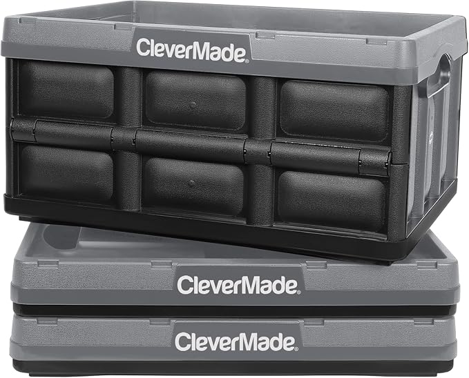 CleverMade Collapsible Storage Bins, 32L 3 Pack, Durable Plastic, Stone | Built-in handles simplify garage, car and household organization, while the roomy open-top keeps bulky supplies accessible
