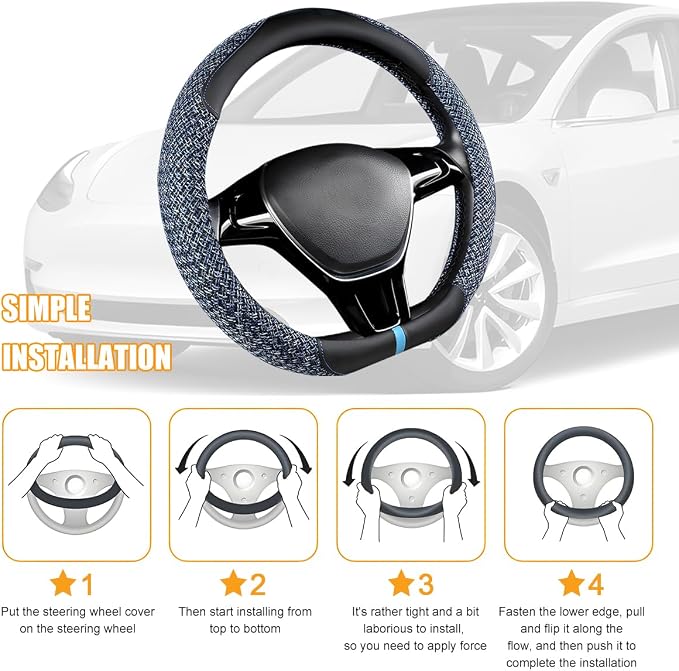 Zpana Car Steering Wheel Cover, 14.5-15" Breathable Linen Sporty Vehicle Steering Wheel Protector with Non-Slip Lining, Automotive Interior Decoration Accessories, Universal Fit (Black/Blue)