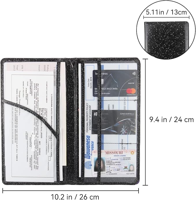 Car Registration and Insurance Holder, Bling Premium Pu Leather Vehicle Glove Box Organizer, Prefect Leather License Registration Holder for Driver License, Cards & Essential Documents (Black)