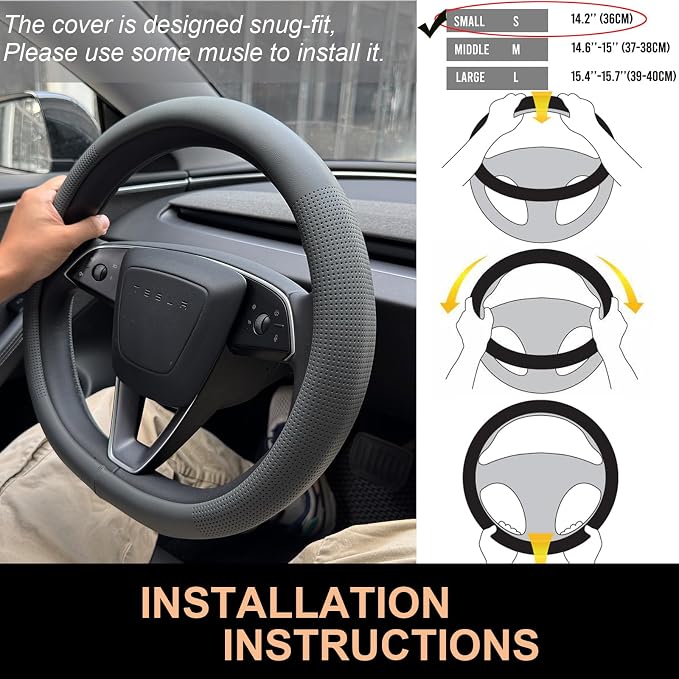 PINCTROT Nappa Leather Steering Wheel Cover for Tesla Model Y/3 Highland/Juniper, D Shaped 14 Inch Small Sized with Breathable Perforation, Fit Like Gloves, Flat Bottom 14 Inch(Nappa Dark Gray)