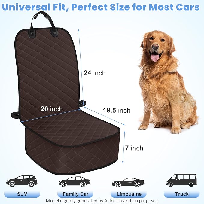 ELONGRIVER Dog Car Seat Covers, Waterproof Front Seat Cover for Dogs, Scratch-Proof, Nonslip Pet Passenger Seat Cover Protector, Universal Fit for Cars Trucks SUVs, Standard Size, Dark Coffee