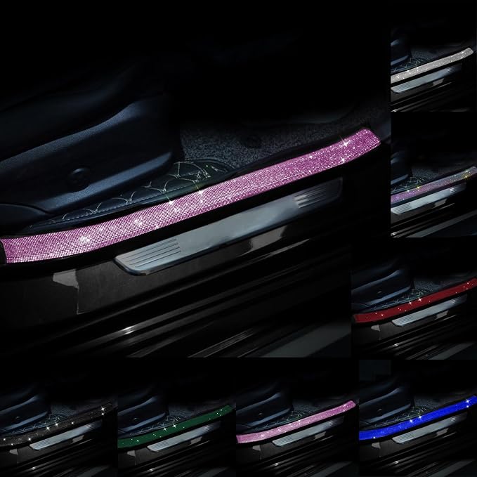 Car Door Sill Protector with Bling Rhinestones 2PCS Edge Guard Scuff Cover Anti-Scratch Strip Sticker Bumper Protector for Truck Car 1.96"x 23.62" (Pink)