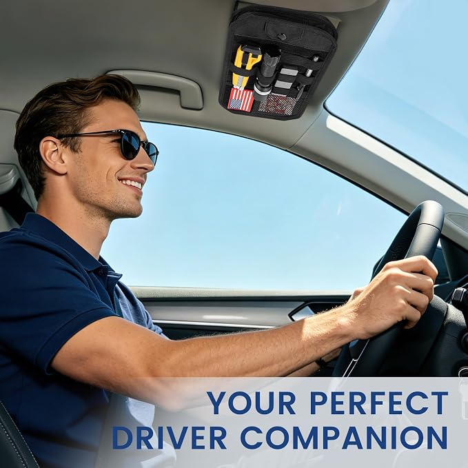 Car Sun Visor Organizer, Multi-Pocket Tactical Visor Storage with Zipper | Semi-Rigid Molle Panel Car Accessories, Sunglasses Holder Clip, for Truck, SUV, Patrols, Pickups