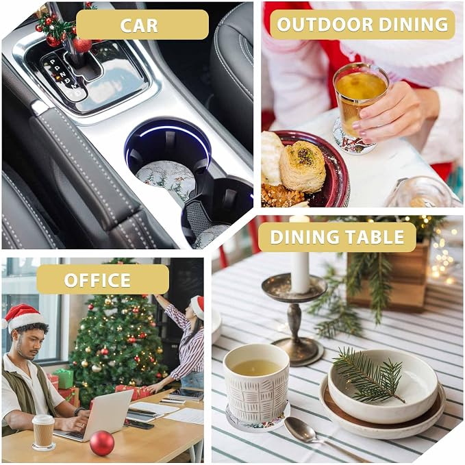 Car Coasters for Cup Holders 2.6"Dia Absorbent Coasters Set of 2 Car Interior Accessories for Women Men Ceramic Car Coaster for Drinks with Finger Grooves,Christmas Winter Snowflakes Snowman Truck Red