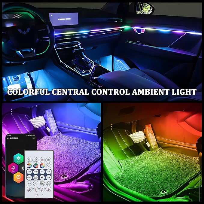 Car Interior Ambient LED Light with APP & Remote Control, 43.3" 2-in-1 Music Sync Fiber Optic USB Powered Acrylic LED Lamp Strip, Flexible RGB Auto Inside Neon Light, Universal Fit