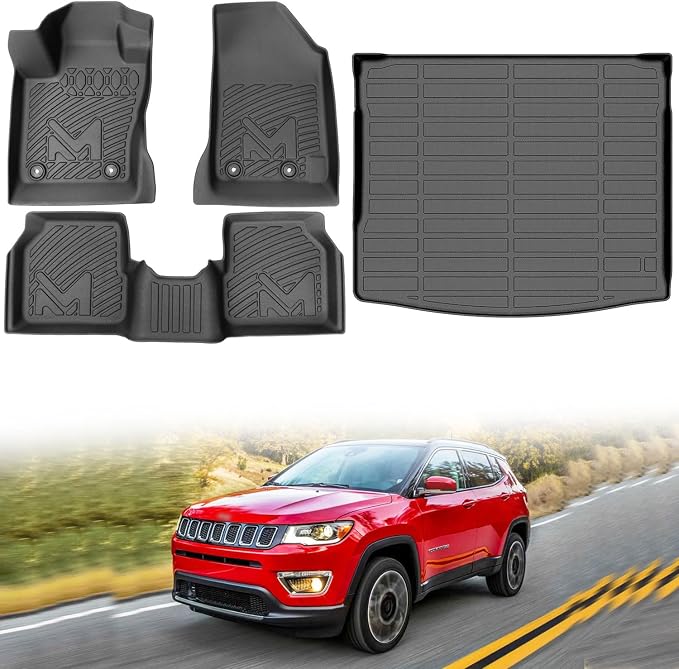 Floor Mats & Cargo Liner Custom for 2017-2026 Jeep Compass New Body Style 2nd Generation, Floor Liners TPE Automotive All Weather Cover Protection Waterproof Black Front & Rear Row Full Set Car Mats