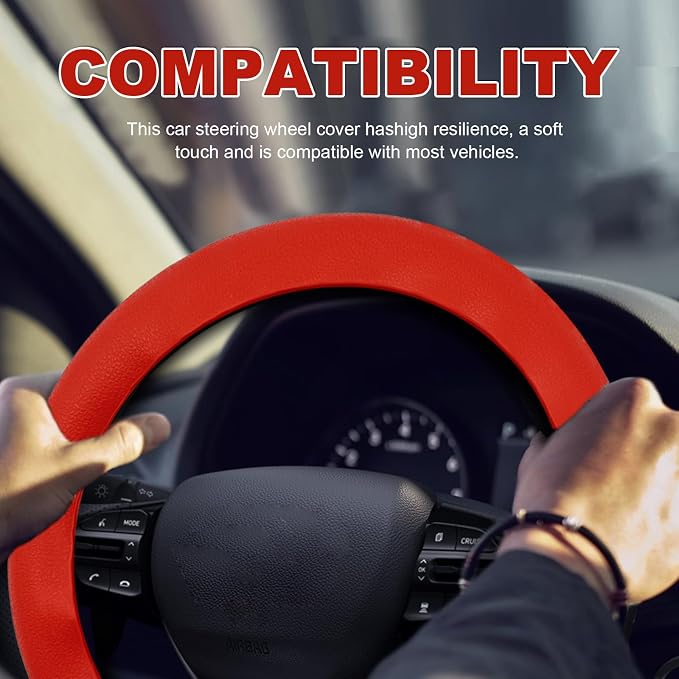 Silicone Steering Wheel Cover - Thicker Universal Stretchy & Anti-Slip Grips, Universal Fit 14"-16" Silicone Steering Wheel Protector for Men and Women, Car Interior Accessory (Red)