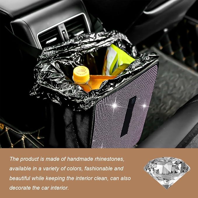 Car Trash Can, Bling Rhinestone Crystal Waterproof Hanging Garbage Bag for Car Interior, Oxford Leakproof Foldable Waste Organizer Trash Bin Universal for Most Vehicles (Light Pink)
