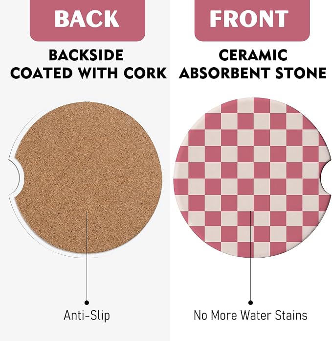 2 Pack Car Coasters for Cup Holders, Absorbent Ceramic Cup Coaster with Cork Base and Finger Notch, Cute Car Accessories Interior for Women Men (Grid-Pink)