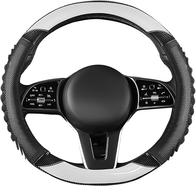 5D Honeycomb Knight White Car Steering Wheel Cover,14.5-15 Inch Universal Carbon Fibre Leather Covers Breathable Anti-Slip Odorless Steering Wheels Accessories for Men Women