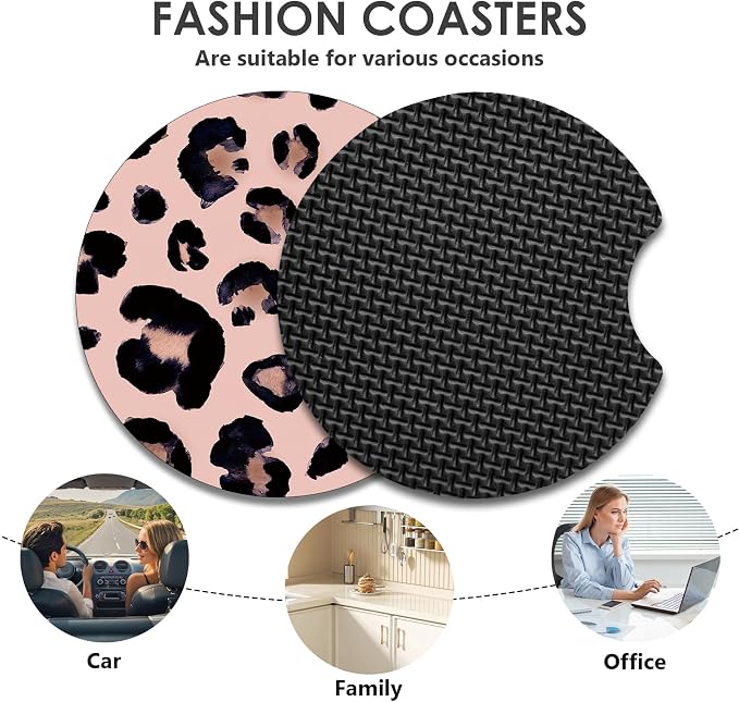 2 Pack Car Coasters,2.75-inch Neoprene Non-Slip Cup Holder Coasters for Car,Cute Car Interior Accessories for Men and Women,Leopard Print