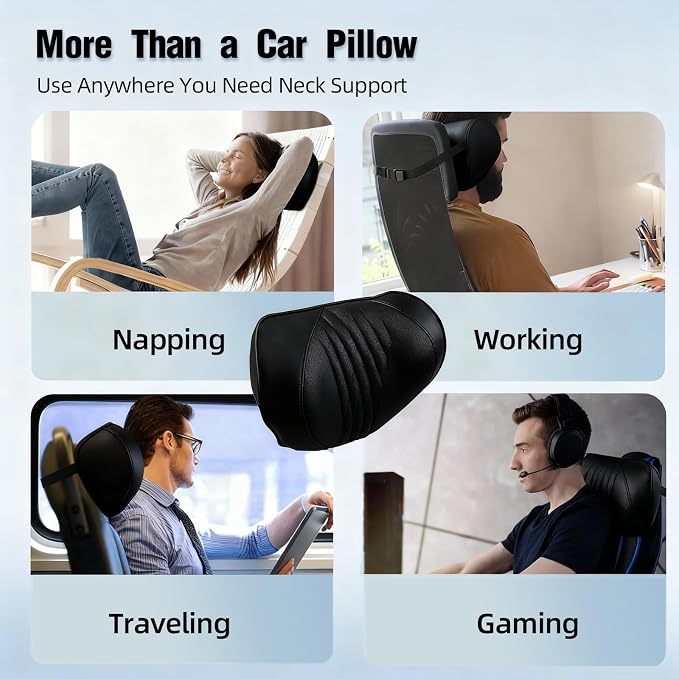 Car Neck Pillow – Premium Memory Foam Headrest with Soft Nappa Leather Feel, Ergonomic Support for Long Drives, Fits Most Vehicles(1, Black)