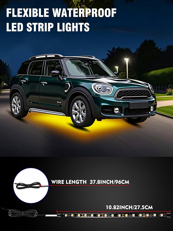 8 Pcs Car Led Light Strip IP67 Waterproof 11" Flexible Led Lights Underglow 12V for Car Motorcycle Boat Golf Cart Interior Exterior Decoration - Amber