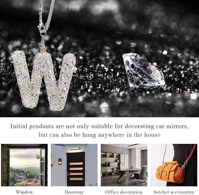 DXNQ Bling Initial Car Rear View Mirror Ornament, Crystal Sparkling Cute Letter Charm Pendant Auto Decor, Hanging Lucky Diamond Initial Charm Car Mirror Bag Ornament for Girl Women (Letter W)