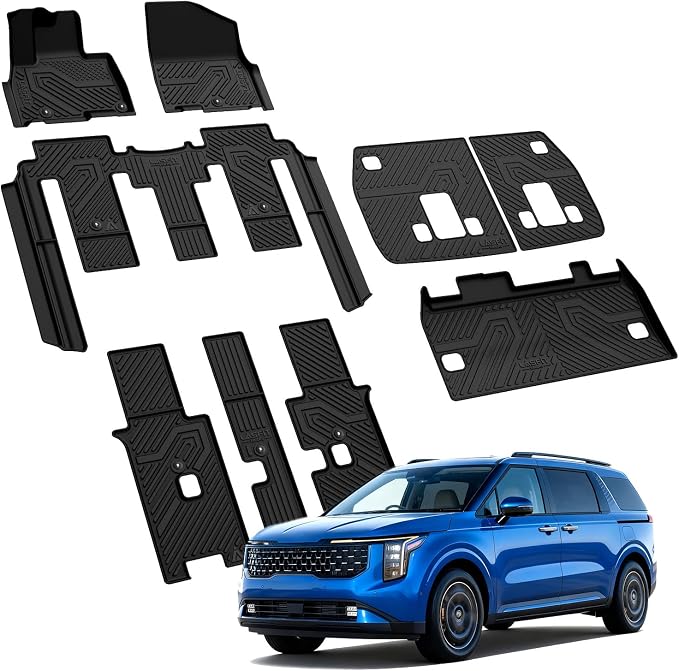LASFIT Floor Mats & Backrest Mats & Cargo Mat for Kia Carnival 2026 2025 2024 2023 2022 (Only Fit Gas & 8 Seats), All Weather TPE Custom Fit Floor Liners Full Set Car Mats Trunk Mat Accessories, Black
