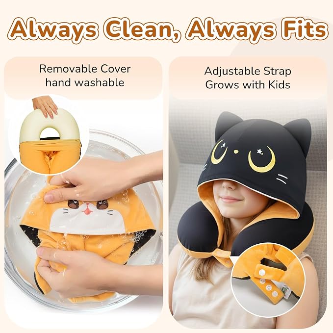 Certified to ASTM & CPSIA Standards–Kids Travel Neck Pillow with Hood,Memory Foam Airplane Pillow,Double-Sided, Cute Design, Cooling Ice Silk & Soft Plush, Adjustable, Portable & Washable for Flights