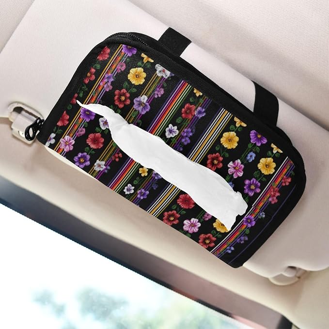 Mexican Purple Flower Stripe Car Tissue Holder Durable Napkin Holder Hanging Tissue Holders Case Car Tissues Bag for Sun Visor Seat Back Universal Auto