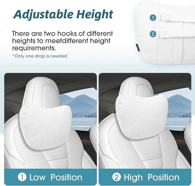 Upgraded Car Neck Pillow - Adjustable Height Headrest Cushion for Tesla Models 3/Y/S/X - Breathable Nappa Leather & High Elastic Pearl Cotton Interior 2 Pack Black