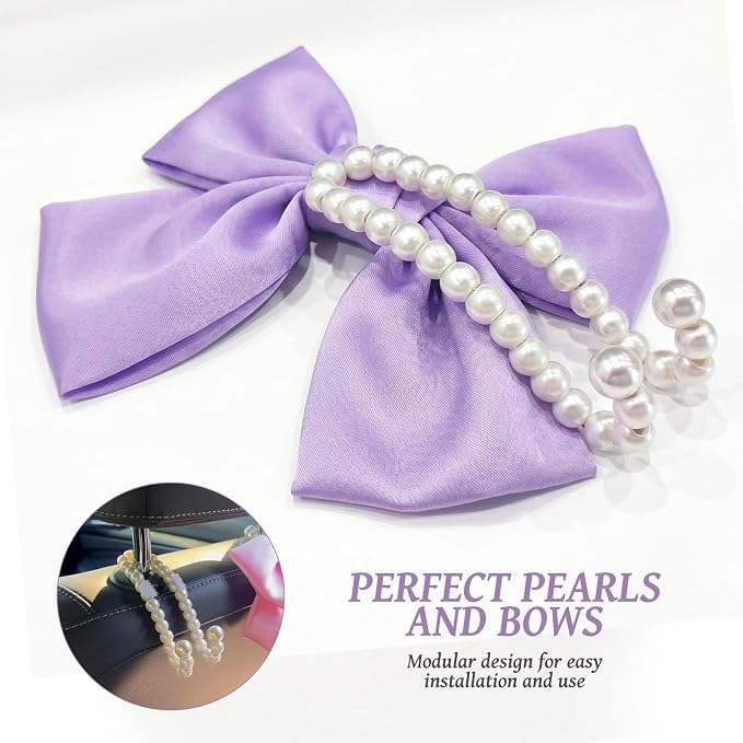2 PCS Bow Pearl Car Seat Headrest Hook β Cute Purse Hook for Car, Girly Interior Decoration Accessories Hook Hanger, Seatback Holder for Purses & Bags, Elegant Car Organizer (Lavender Purple)