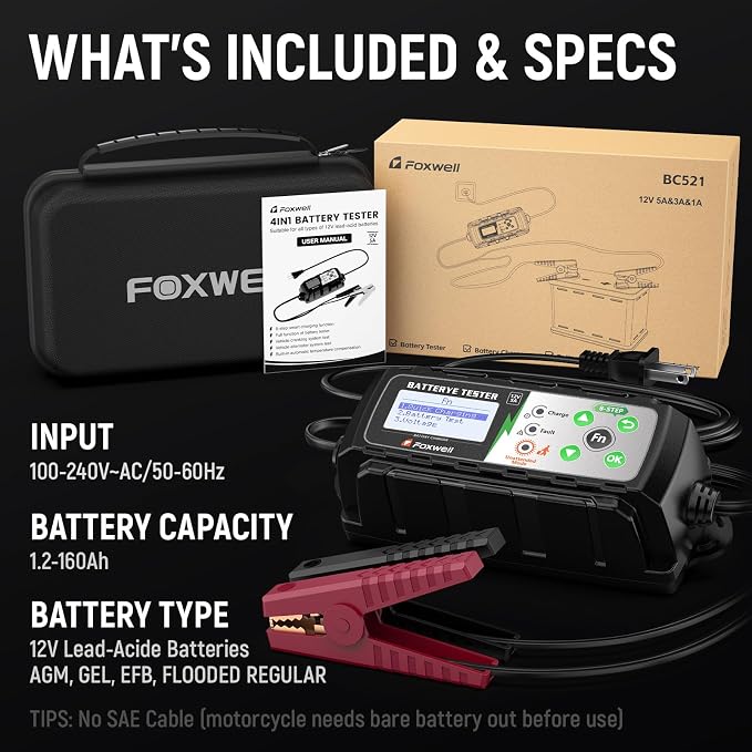 FOXWELL BC521 2-in-1 Battery Charger & Tester, 12V 5A, Test Before Charging | Test Car Battery Health, Cranking and Alternator Output, Then Use 8-Stage Charging, Pulse Repair Or Battery Maintenance