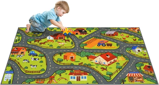 STARUIA Kids Rug Play Mat, 60"x32" Washable Car Rug for Toddlers, Educational Farm Road Play Rugs, Non-Slip Race Track Carpet for Kids, Kids Area Rugs for Playroom Bedroom Nursery