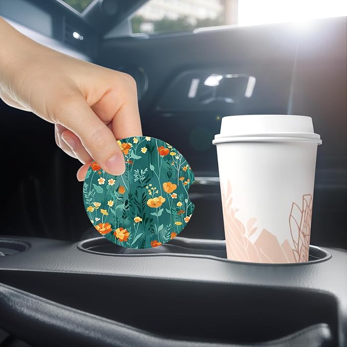 Aiawoxc Car Cup Holder Coasters, 2 Pack Universal Auto Anti Slip Insert Coaster with A Finger Notch, Cup Mat for Most Car Interior, Beautiful Flowers