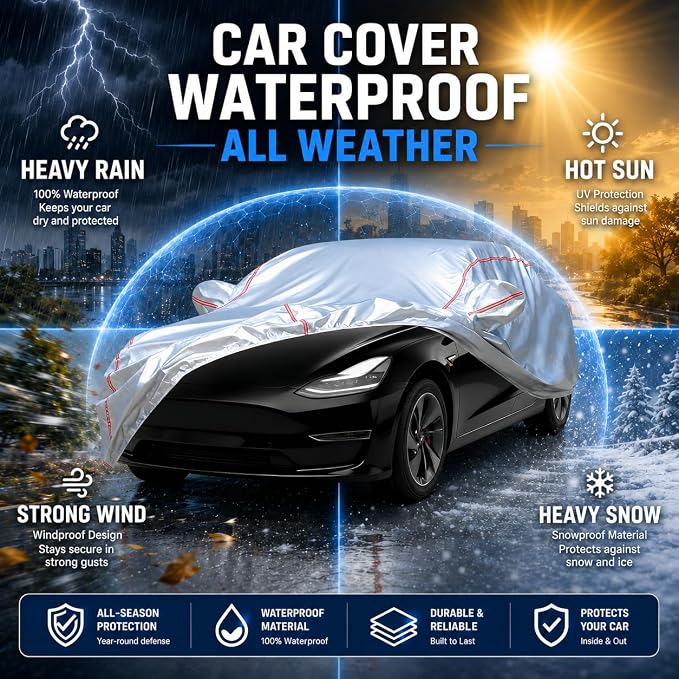 Waterproof All Weather Heavy Duty Vehicle Cover, 360° Underbody Wrap Windproof Design, Quick Install Outdoor Cover,(for Tesla Model 3 2017-2025)