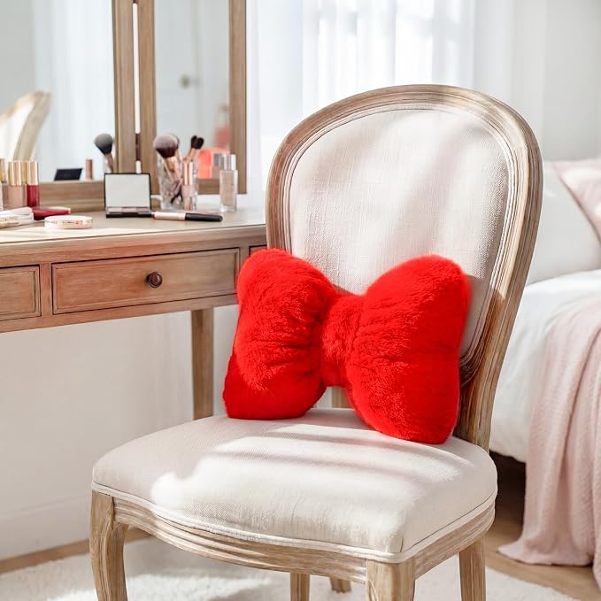 Macarrie 2 Pcs Red Car Neck Pillow Imitation Rabbit Fur Bow Pillow | Soft Comfortable Seat Headrest Support, Cute Bow Car Accessories, Driving Travel Driver Chair Girl Interior Decor, Solid