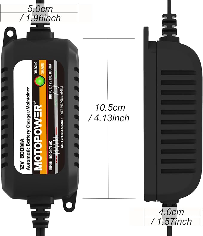 MOTOPOWER MP00205C 12V 800mA Automatic Battery Charger, Battery Maintainer, Trickle Charger, and Battery Desulfator