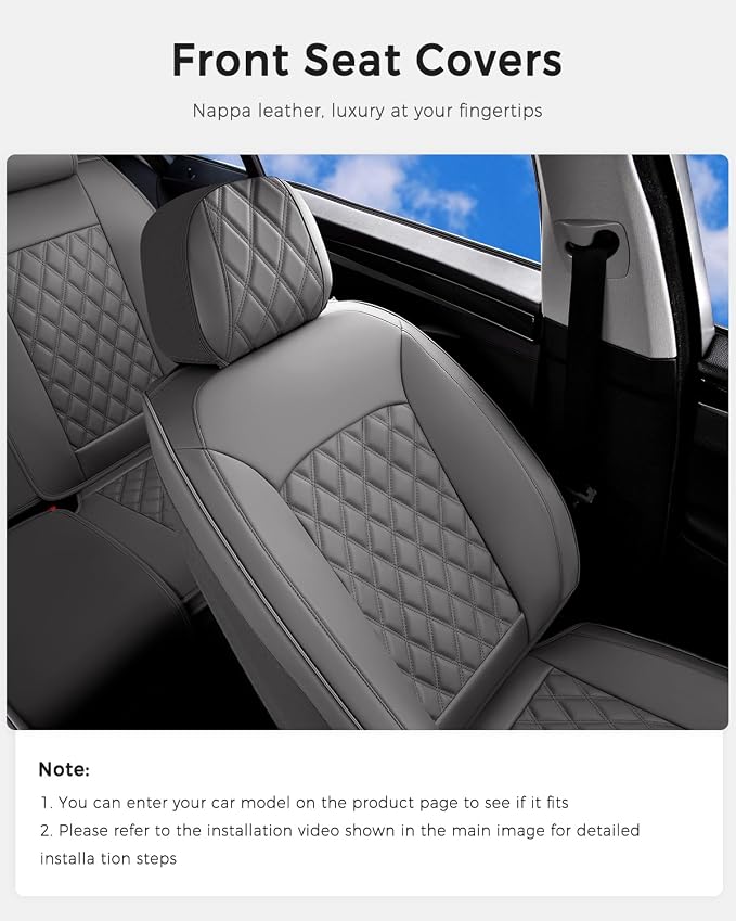 Huidasource Gray Front Seat Covers, Car Seat Covers Front Seats Nappa Leather, Side Elastic Fabric, Compatible with Airbags, Seat Belts, Universal Fit for Most Cars Vans Trucks SUVs (Front Pair/Gray)