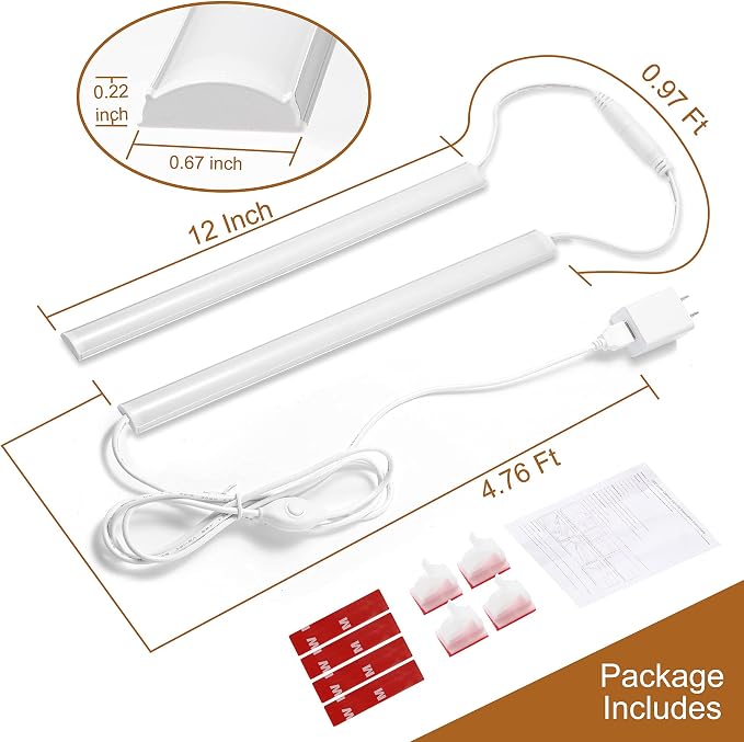 Plug-in Under Cabinet Lighting, 2pcs 12 Inch Dimmable Closet Light, Cold White 6000K Linkable USB LED Light Bar, Memory Function, Under Counter Lights for Kitchen, Desk, Workspace