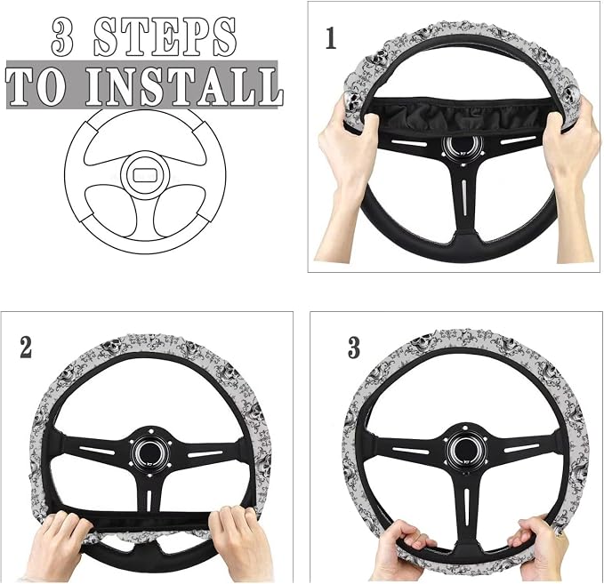 AFPANQZ Steering Wheel Protection for Most Cars Interior Accessories | Skull Bat Grey Automotive Steering Wheel Cushion, Halloween Decor, Anti-slip Universal 14-15 inch, Easy Install