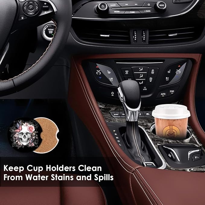 Britimes Car Coasters for Drinks Absorbent, 2 Pack Cup Holders, 2.56" Ceramic Stone & Non-Scratch Cork Base Coasters Cupholder, Auto Accessories for Women & Men, Skull Flowers Vintage Rose Floral