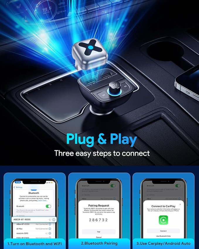 Wireless CarPlay Adapter for iPhone&Android Auto, 3s Fast Auto-Connect, 5.8GHz WiFi, Bluetooth 5.4, Convert Wired to Wireless, No Delay, USB-C/USB-A/Extension Cable, Compatible with iOS10+/Android 10+