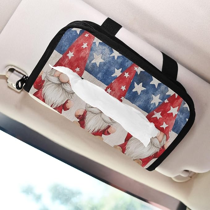 Three July 4th Gnomes Stars Car Tissue Holder Durable Napkin Holder Hanging Tissue Holders Case Car Tissues Bag for Sun Visor Seat Back Universal Auto