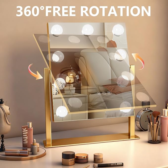 Ratsamee Portable Travel Makeup Mirror with Lights, 2500mAh Rechargeable Vanity Mirror with Touch Control, 3 Color Lighting Dimmable, 7x10Inch Adjustable Desktop Cosmetic Mirror for Bathroom, Bedroom