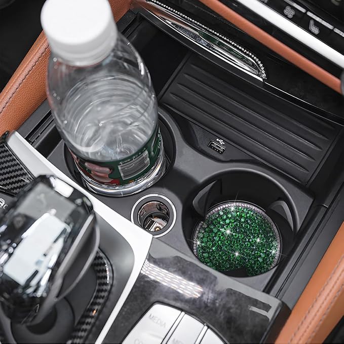 Bling Car Cup Holder Coaster, 2PCS 2.75 Inch Crystal Rhinestone Anti Slip Vehicle Drink Cup Mat for Women Girls, Auto Interior Embedded in Ornaments. Universal for SUV RV Truck (Dark Green)